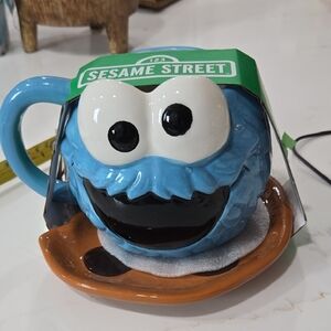 Sesame Street Blue Cookie Monster Mug with Brown Saucer